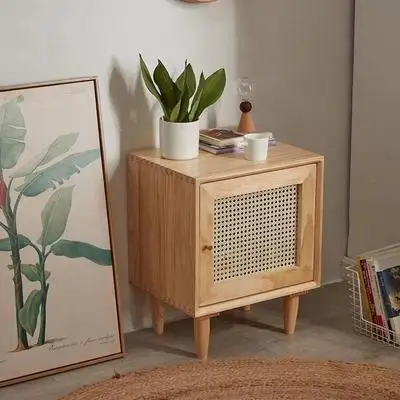 Solid wood bedside table Nordic storage locker bedroom bedside rattan bedside table