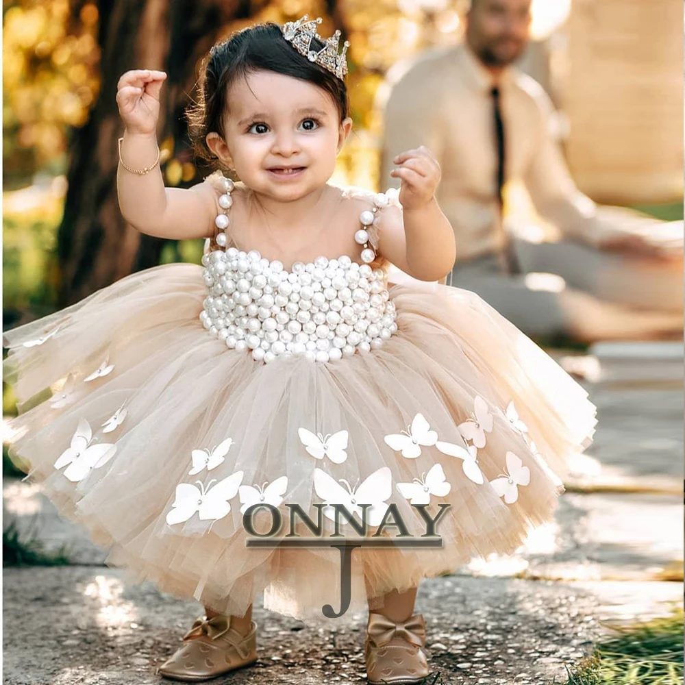 

Customized Pearls Flower Girl Dress for Baby Pleat Butterfly Birthday Gown Pageant Communion Robe De Demoiselle for Girls