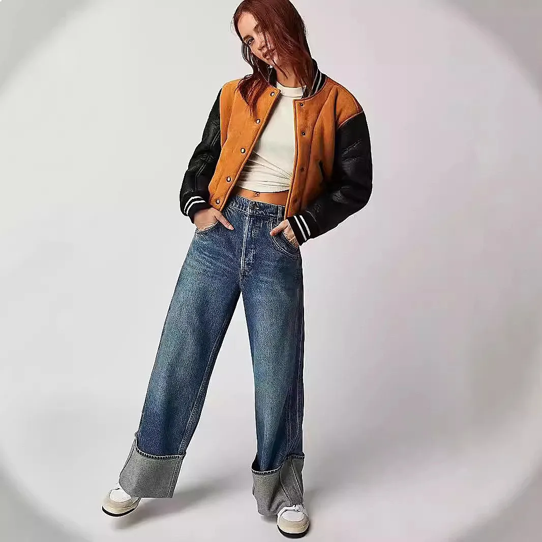 Womens Straight Jeans Midrise Vintage Wash Loose Cuffed Jean Pants Spring Summer