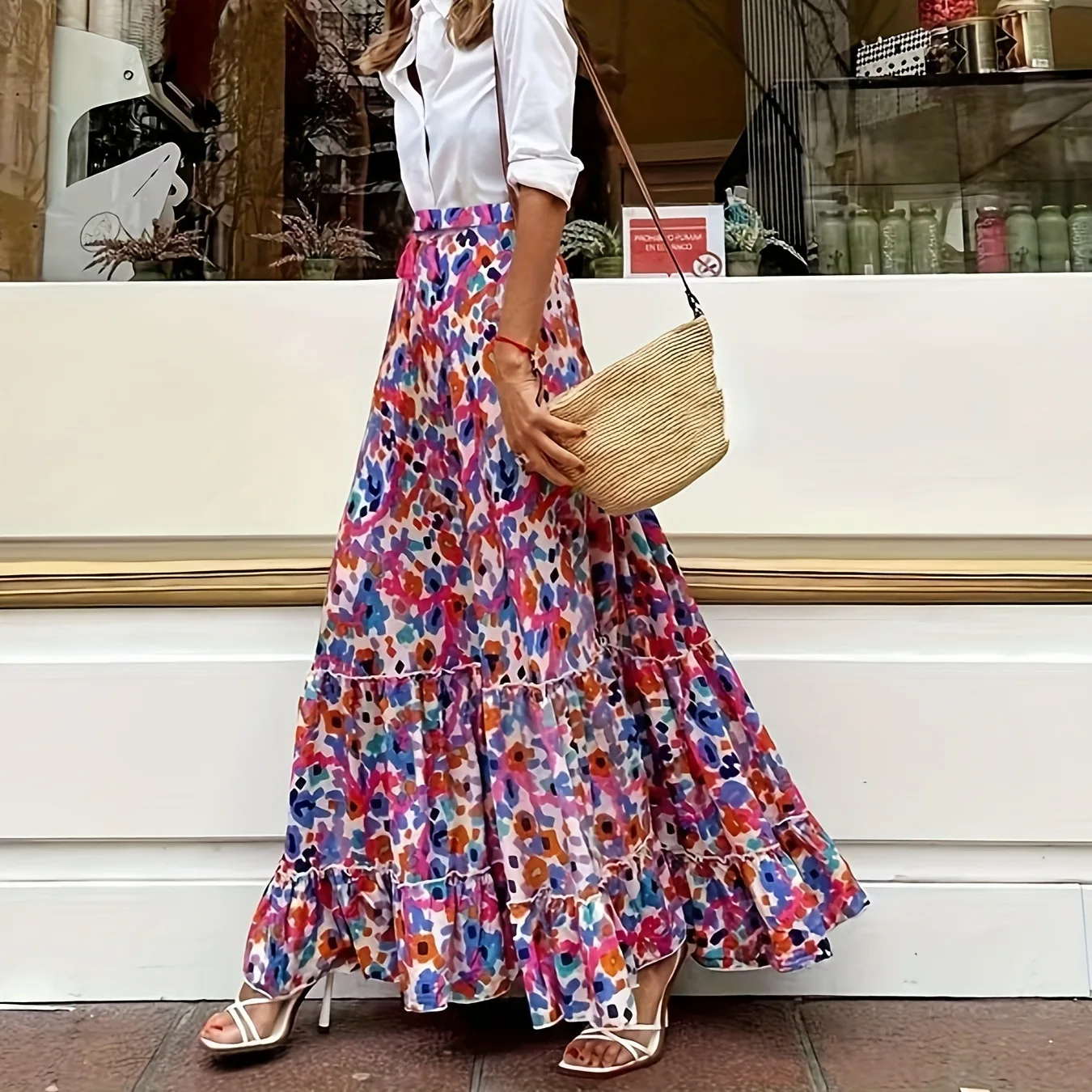 Tie Dye Floral Print Maxi Skirt Women's High Waist Ruffle Hem Flowy A-Line Long Skirt Boho Beachwear