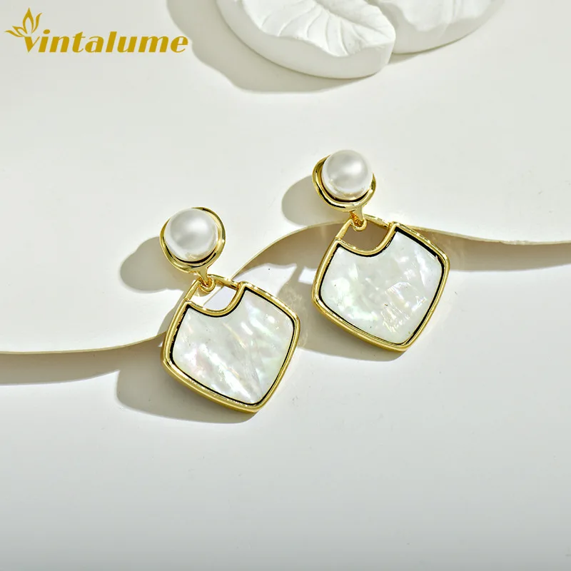 

Серьги-подвески Vintalume с жемчужными бусинами и квадратными подвесками для женщин, модные украшения, геометрические простые маленькие серьги-гвоздики, подарок на вечеринку