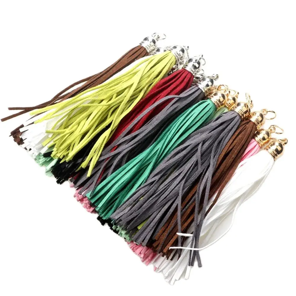 10CM 8 sztuk/partia zamszowy frędzel do breloczka na telefon komórkowy paski do produkcji biżuterii Charms skórzane frędzle z DIY kolczyki akcesoria