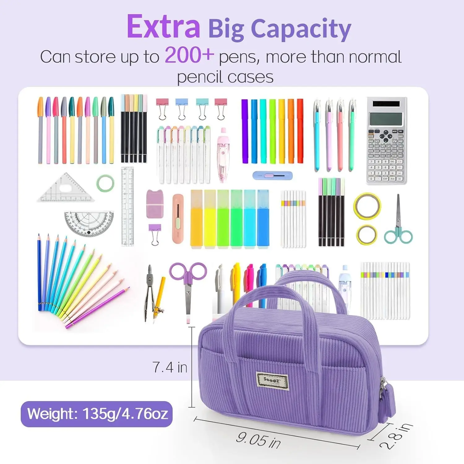 Extra Large Pencil Case with 5 Compartments, Wide Opening, Soft Corduroy, Cute Aesthetic School Supplies for Teen Girls - Purple - View 2