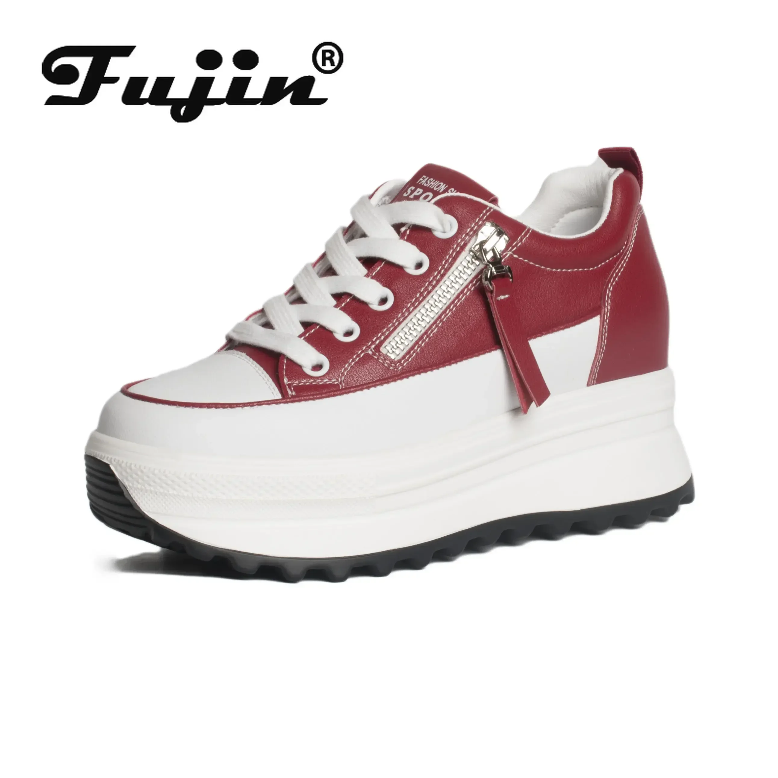 Fujin 7cm Genuine Leather Women Platform Shoes Wedge Sneakers Lace Up