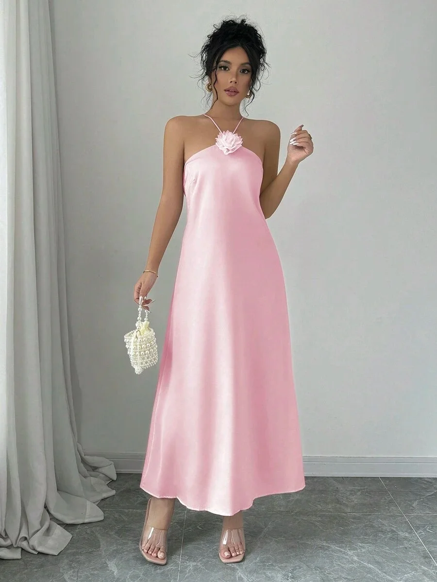 Damen 3D-Blumen Neckholder Rückenfreies Satin-Maxikleid Elegantes Rosa Slip-Kleid Langes Kleid für Hochzeitsgäste Abendparty Urlaub Midi-Kleid – Detail 10