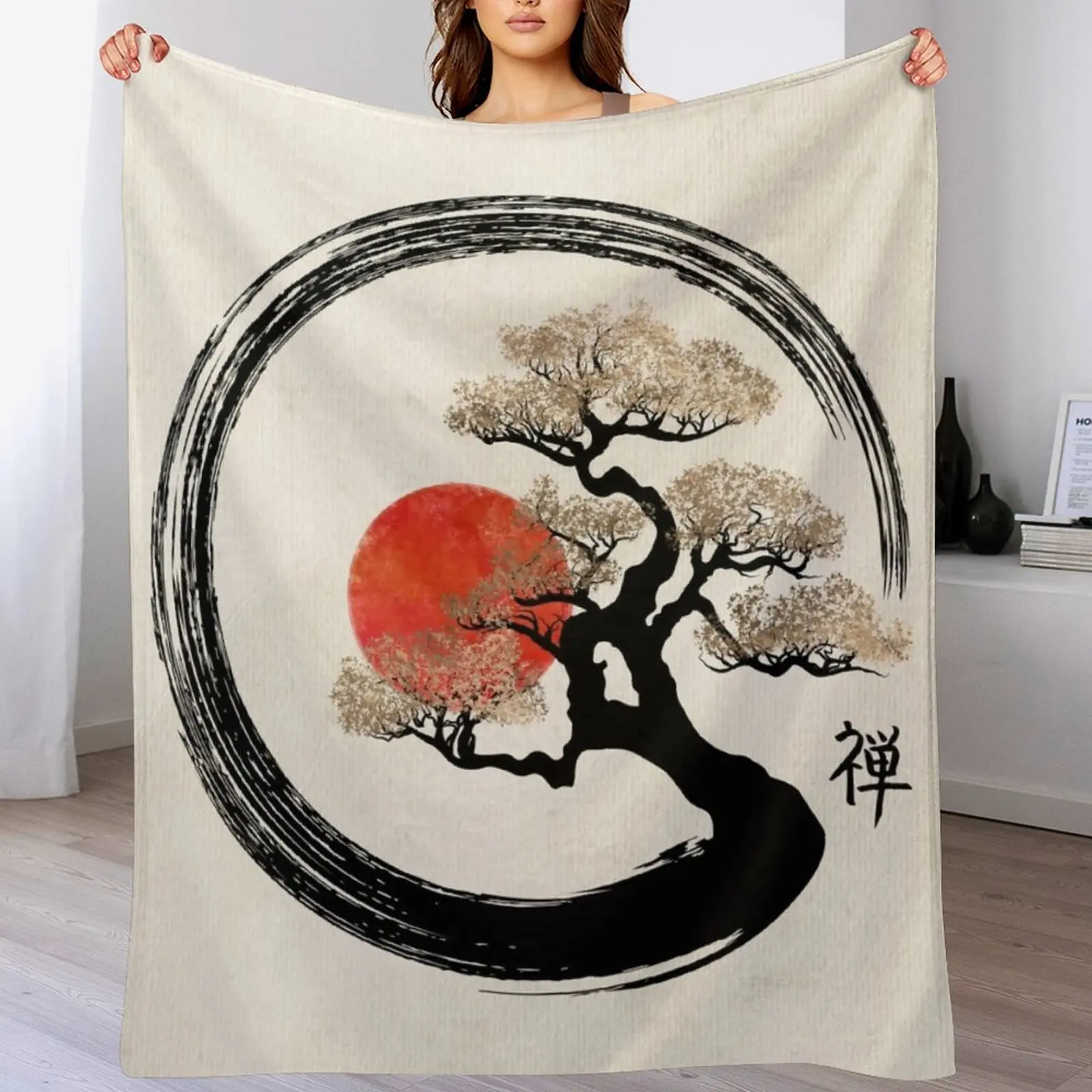 

Enso Circle and Bonsai Tree on Canvas Throw Blanket Warm Plush Fuzzy Blanket for Living Room