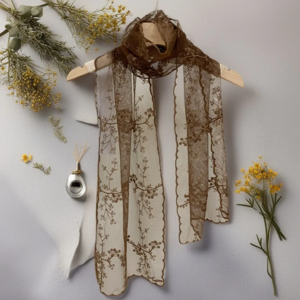 Casual Retro Women's Lace Scarf Long Korean Version Sunscreen Shawl Embroidered Flower Female Headscarf