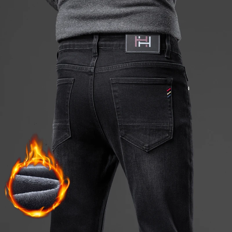 

Новинка 2025 года, зимние мужские флисовые джинсы, тонкие прямые утолщенные эластичные джинсовые брюки, классические брендовые деловые повседневные бархатные плюшевые брюки