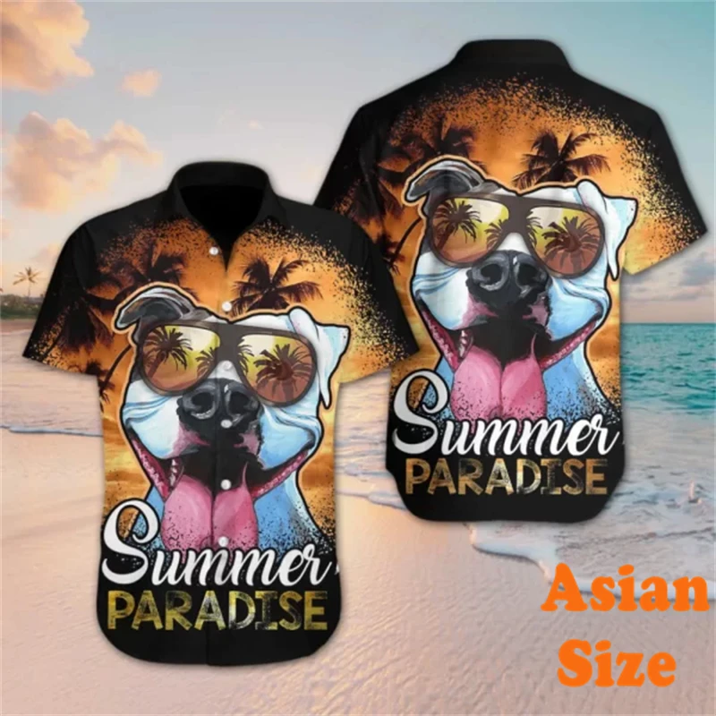 Summer Hawaii Shirt For Men's Clothing New Design Bulldog Print Short Sleeve Shirts Animal Lover Fashion Streetwear Pit Bull Top