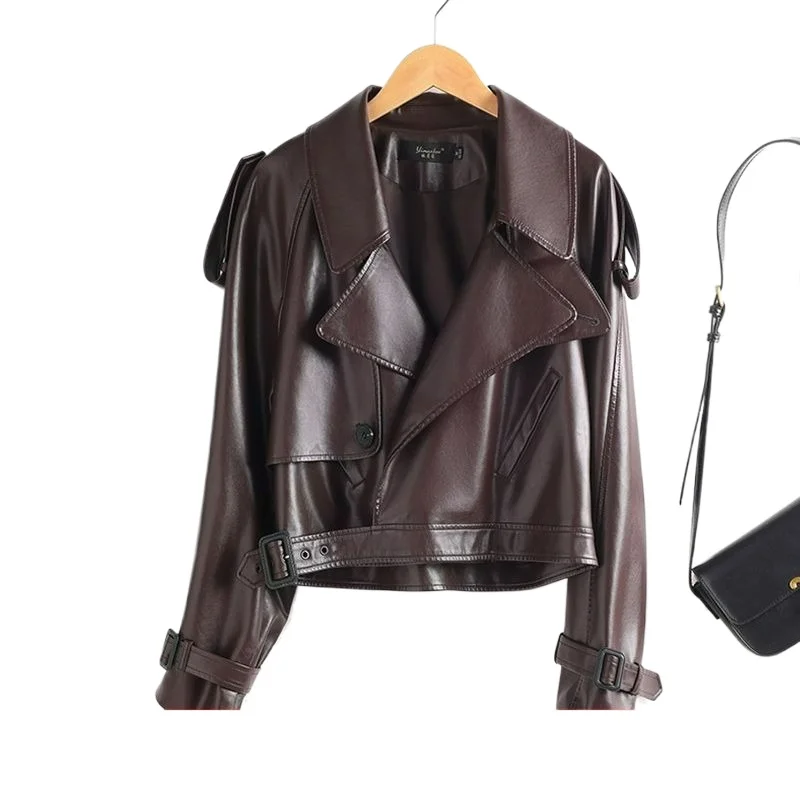Women's Anti-genuine Leather Jacket Women's Foreign Style Looks Thin New Spring and Autumn Loose Sheepskin Short Trench Coat