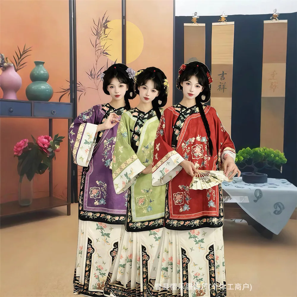 فستان نسائي من Qing and Han برقبة دائرية قطري ملابس عرقية عتيقة بطباعة ثقيلة تنورة وجه الحصان لربيع الخريف