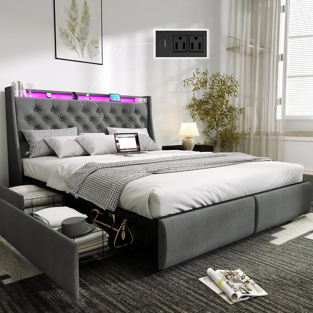 

Bed Frame with 4 Storage Drawers and LED Lights,Bed Frame with Upholstered Headboard and Charging Station,Steel Slat Support