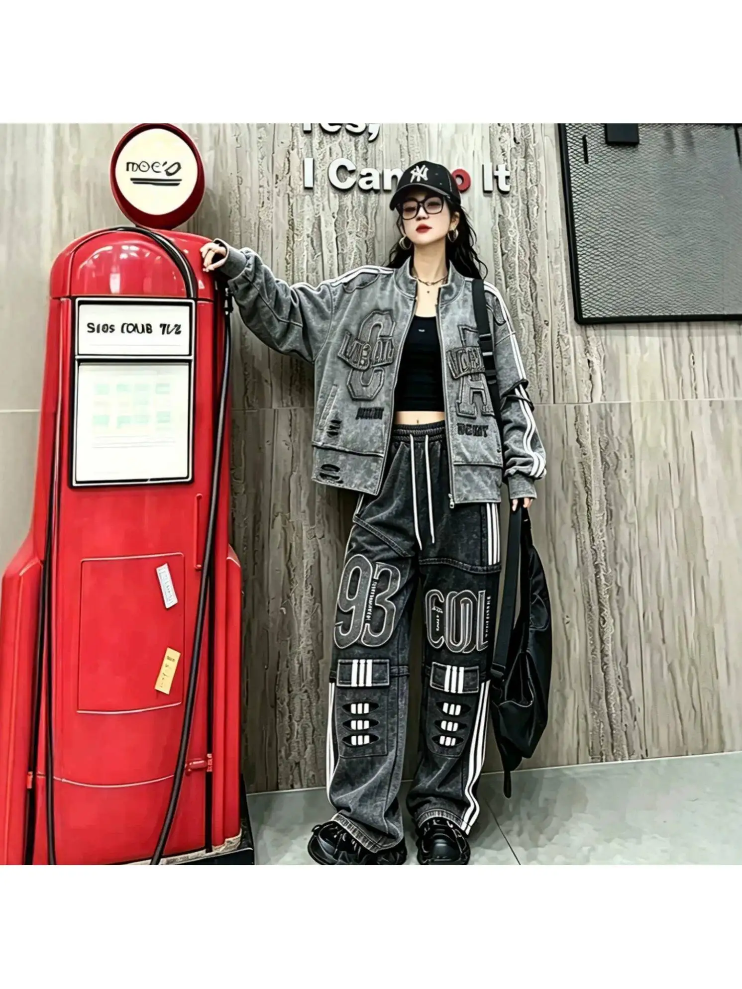 European Style Loose Women's Cardigan Jacket with Embroidery Patchwork And Ripped Zipper Autumn New Arrival Two-Piece Set