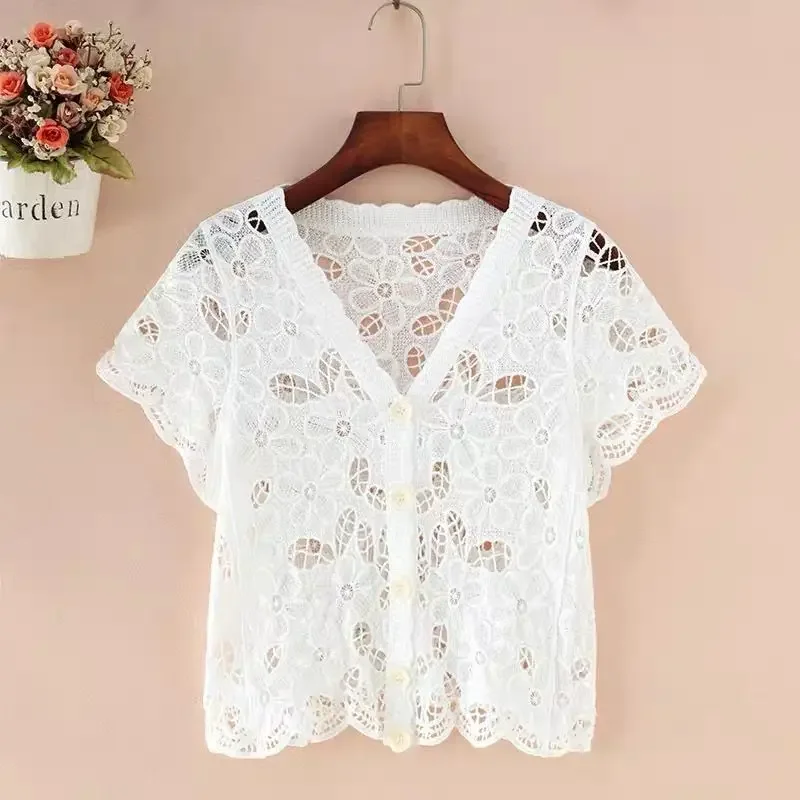 Summer New Paragraph Lace Knit Cardigan Women Korean Fashion Y2k Crop Tops Short Sleeve V-neck Cardigan Hollow Out Jacket