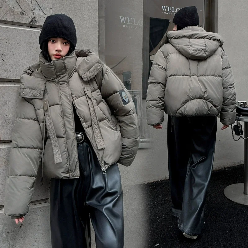 

Short Cotton Jacket Women Parkas Winter Coat 2025new Coffee Color Fashion Hooded Thick Bread Cotton Padded Jacket Female Outwear