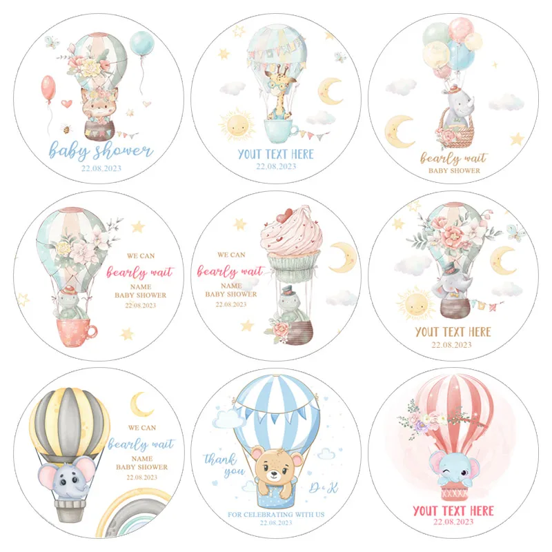 Cartoon Rainbow Stickers Hot Air Balloon Stickers Cute Animals Sticker Welcome New Born Boys and Girl Baptism Baby Shower Labels