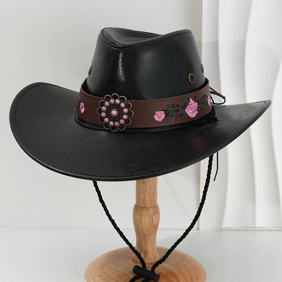 Faux Leather Western Cowboy Hats For Women Men Vintage Wide Brim Gentleman Church Jazz Cap Cowgirl Hats Sombrero Hombre