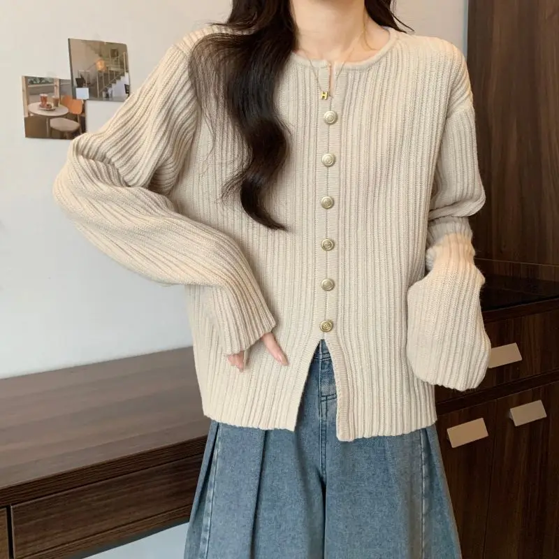 

Korean Button Loose Sweaters Female Clothing Solid Color Autumn Winter Fashion Split Long Sleeve Casual Basic Knitted Jumpers