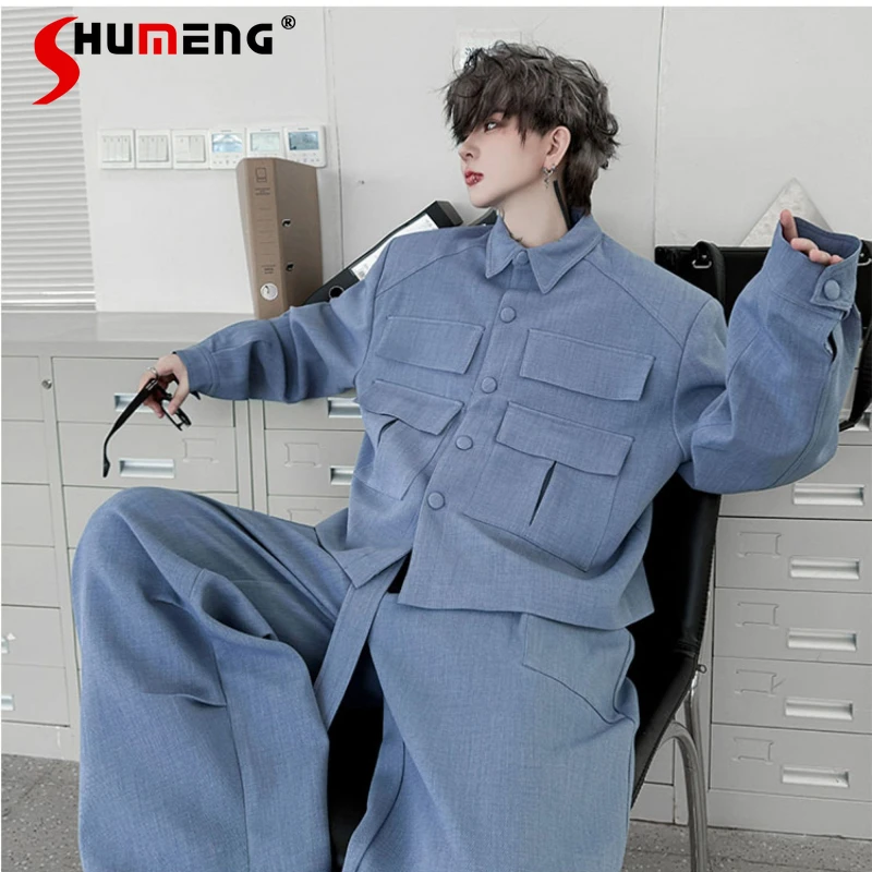 

Мужские осенние новые модные комплекты костюмов 2025, мужские однотонные куртки с лацканами и несколькими карманами, удобные длинные брюки, шикарные комплекты из двух предметов