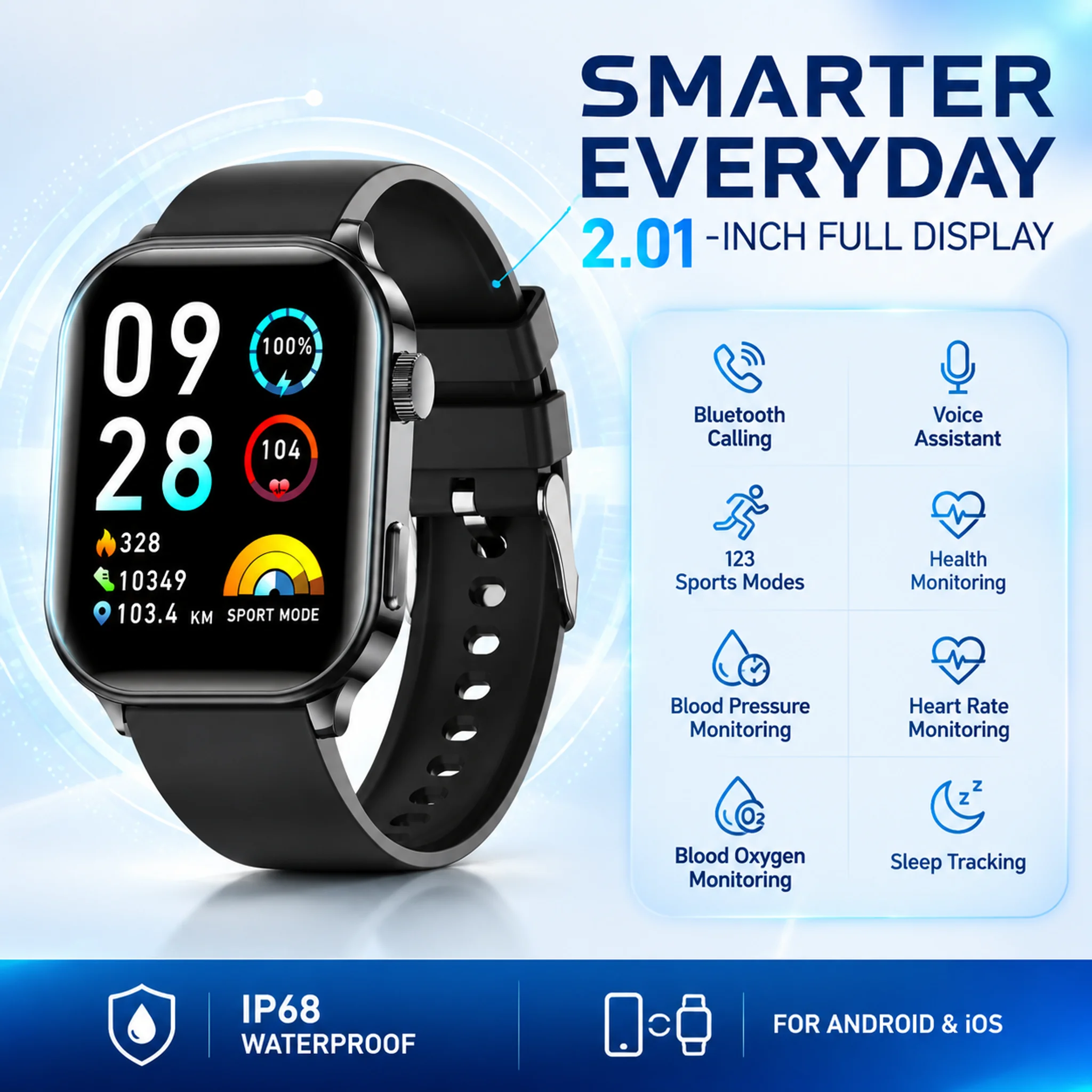 LIGE NEW For Android iOS Smart Watch 2.01" HD Display All Day Heart Rate Health Monitoring Bluetooth Call Smartwatch 123 Sports