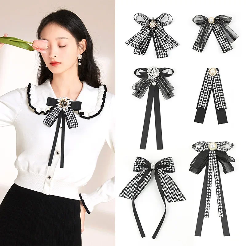 Elegant Women's Bow Brooch | Fragrant Style | Houndstooth Design College Neckline Shirt Accessories Decorative Pin for Clothing