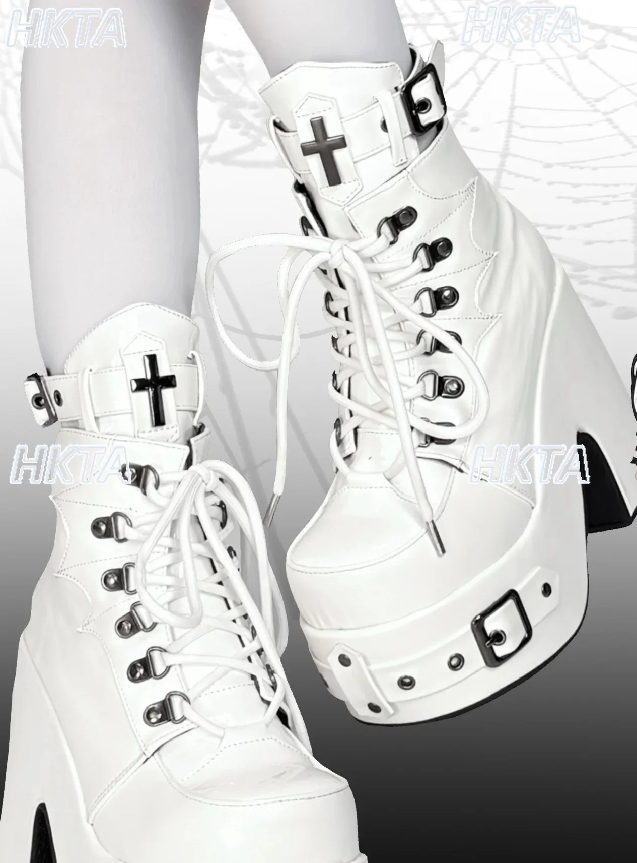 Subculture Y2k Cool Square Heel Round Head Heightened Platform Booties Goth Dark Punk Muffin Bow Lace Up Pu Black Shoes Women