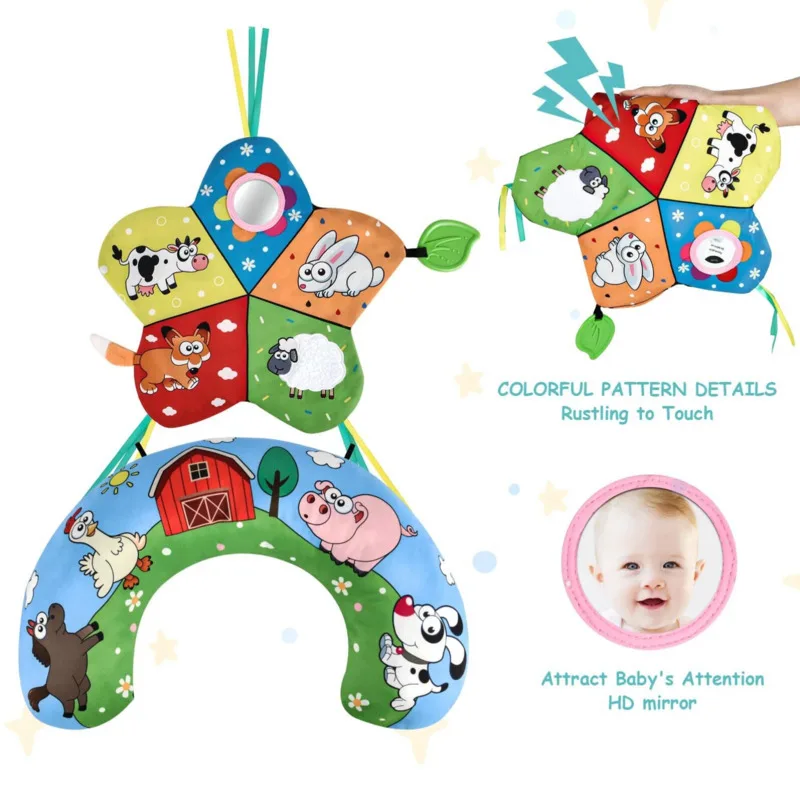 Baby Early Learning Soft Pillow Cartoon Crawling Pillow with Teether Sounding Paper Baby Sensory Crawling Toys