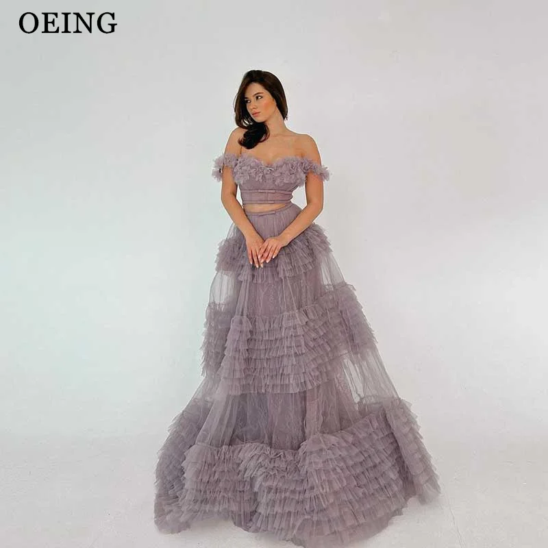 OEING A Line Prom Dress Elegant Off The Shoulder Tulle Tiered Luxury Evening Dresses Formal Occasion Gowns Vestidos De Fiesta