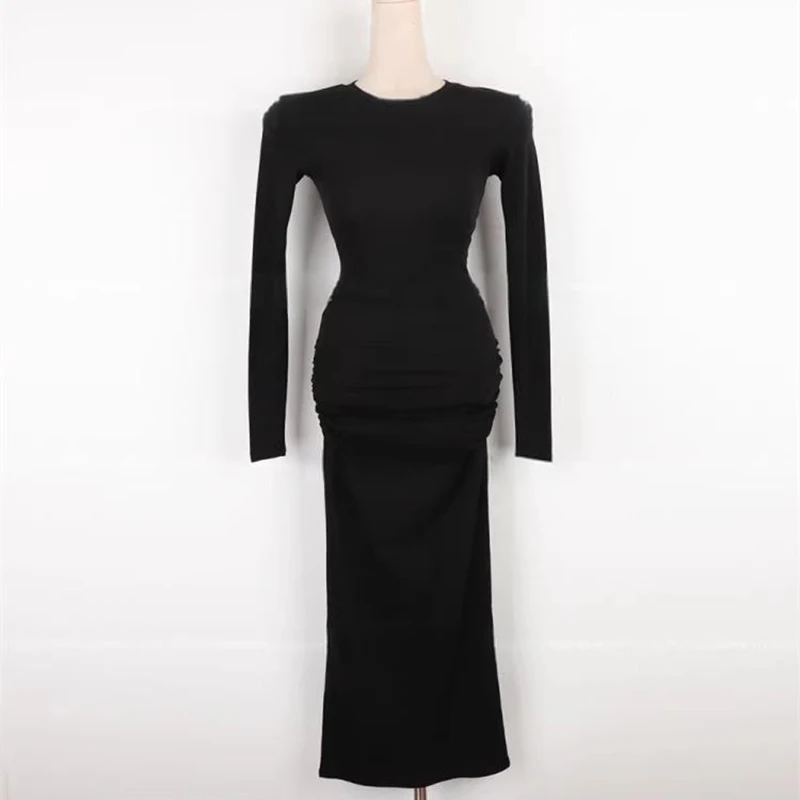 2025 printemps coton Sexy mince col rond longue robe femmes à manches longues femme robes moulante vêtements De fête robes De Mujer Elegantes