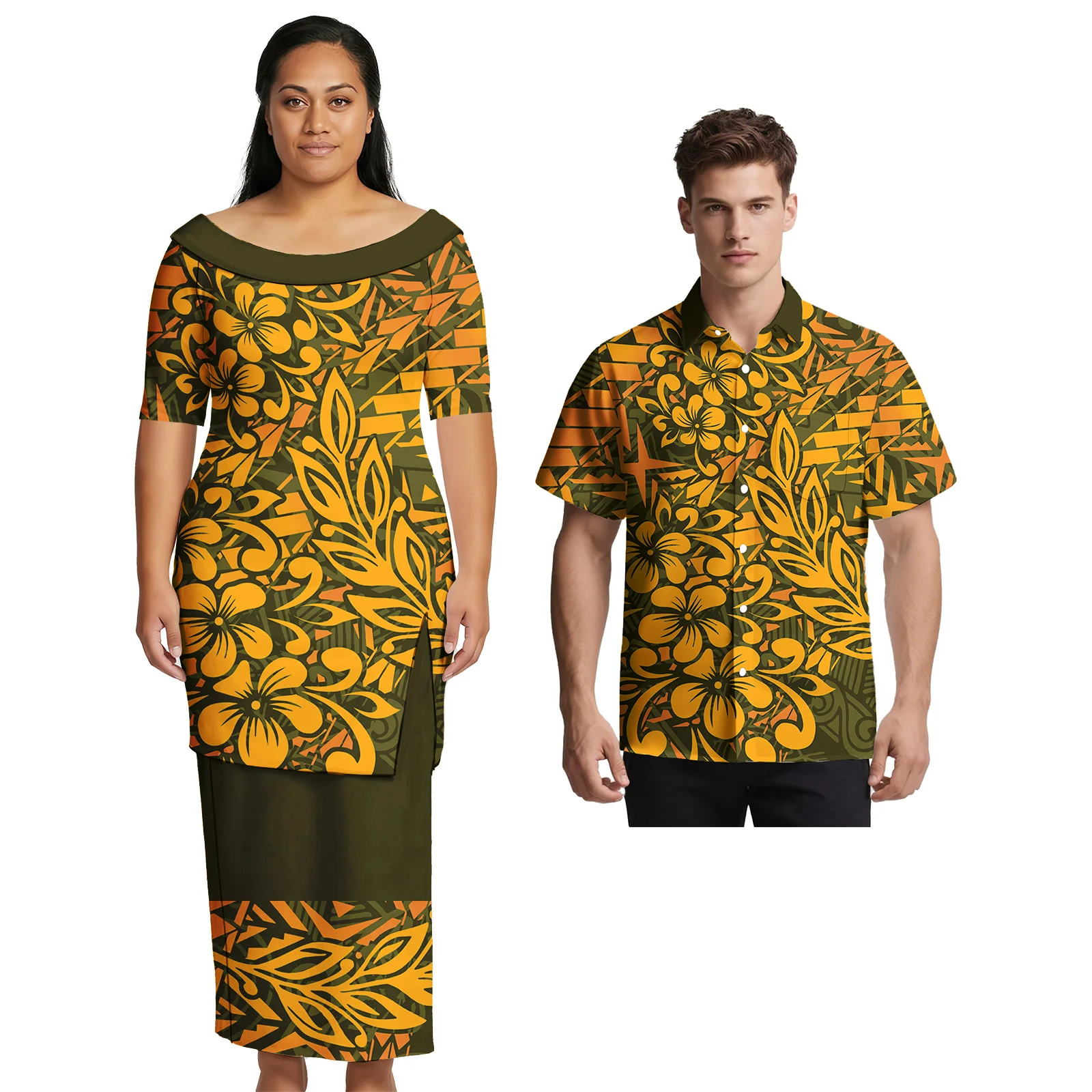 Unisex Plumeria Hawaiian Print Custom Clothes Samoan Couple Suit Polynesian Oversize Women Skirts Men Shirt Couple Match Outfits