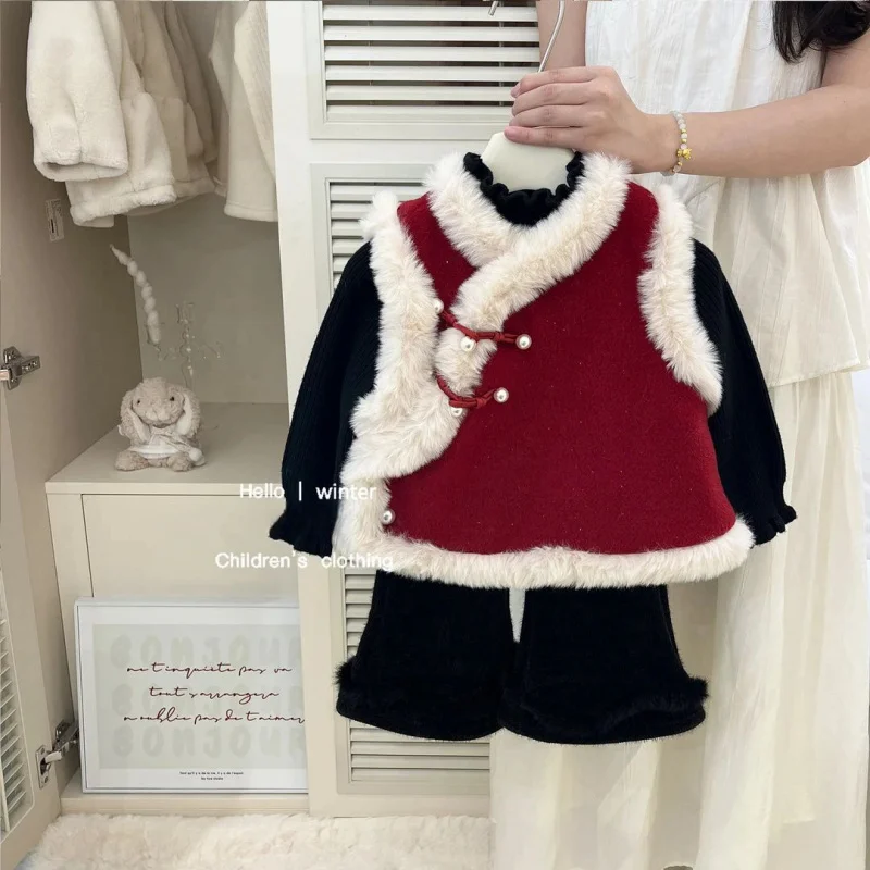 

01-New Year Outfit for Girls, Chinese Style Vest with Fleece, Autumn and Winter Festive Red Buttoned Flared Pants for Baby Girls