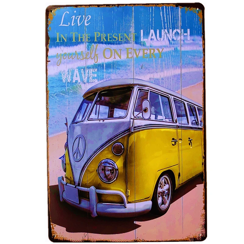 Peace Bus Beach Surfing Cartoon Wall Signs Vintage Art Metal Plate Decor Tin Sign Garage Bar Wall Plaques Decor Tinplate Poster