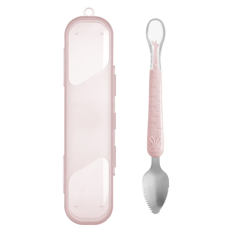 Baby Food Feeding Spoon Stainless Steel Scraping Silicone Soft Spoon Infant Tableware Utensil With Box Children Toddler Cutlery