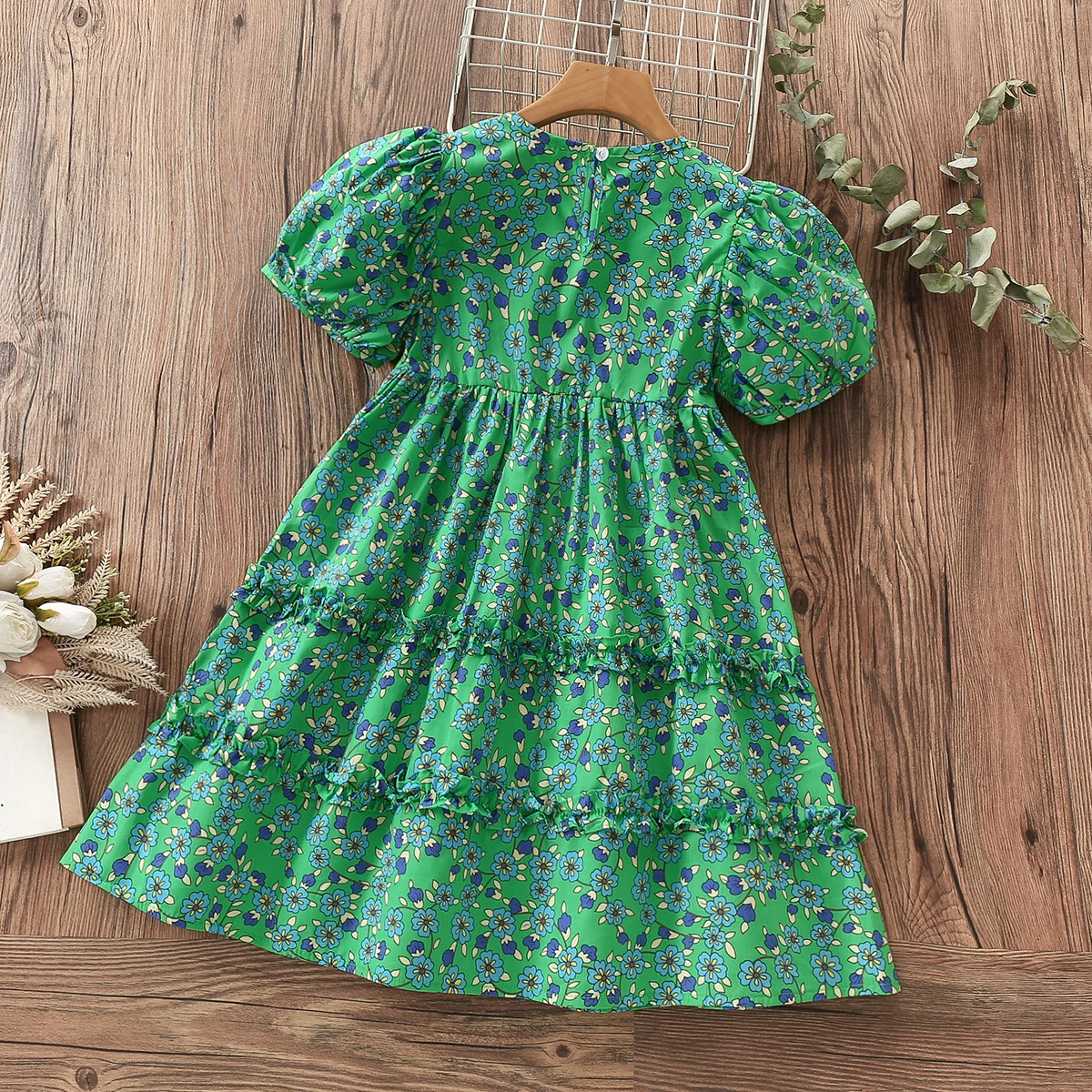 Kids Girls Dresses Short Sleeve Summer Costumes Teenagers Green Floral Print Maxi Dress Baby Children Clothing 6 8 9 10 12 Years