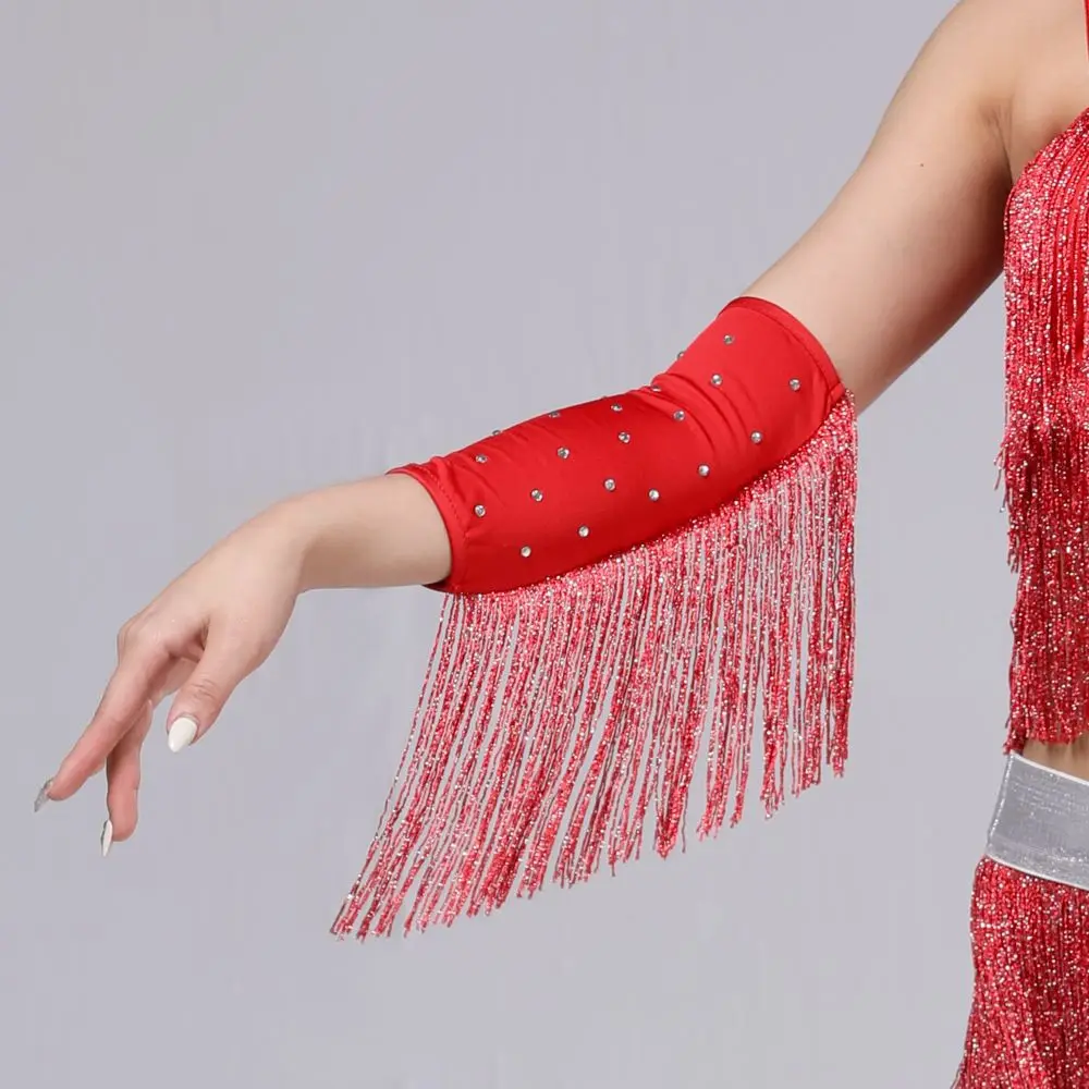 Performance Stage Latin Dance Fringed Sleeves Drilling Rhinestone Solid Color Fringe Tassel Gloves Flash Latin Dance Costumes
