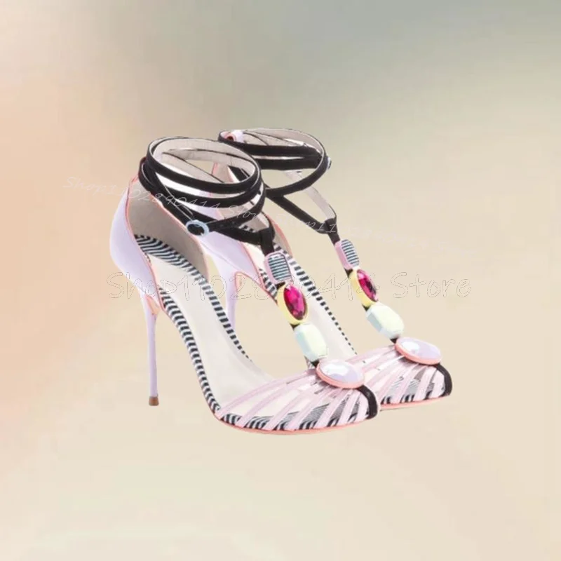 Mixed Color Crystal Beads Decor Hollow Design Pumps Ankle Buckle Strap Women Shoes Thin High Heels Sexy 2024 Zapatos Para Mujere