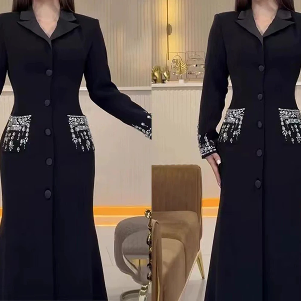 

Black long suit bandage jacket for women slim three-dimensional tailoring cuff decoration banquet commuting-GZXX845
