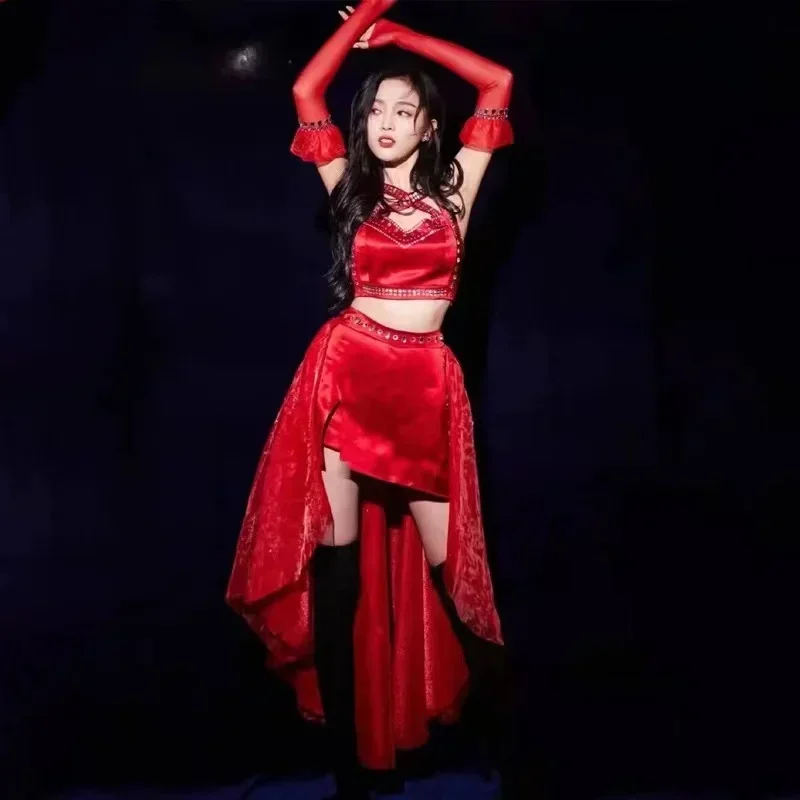 

Kpop Korean Singer Women Jazz Dance Red Clothes Nightclub Sexy Tops Skirt Stage Performance Costume Hip Hop Dance Clothing