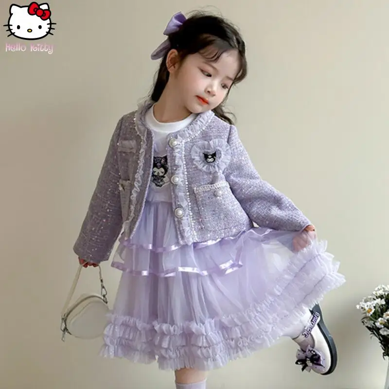 

Kawaii новое пальто Sanrio Kuromi для девочек, весенне-осеннее ветрозащитное платье принцессы с длинными рукавами, модное детское платье с героями мультфильмов, подарки