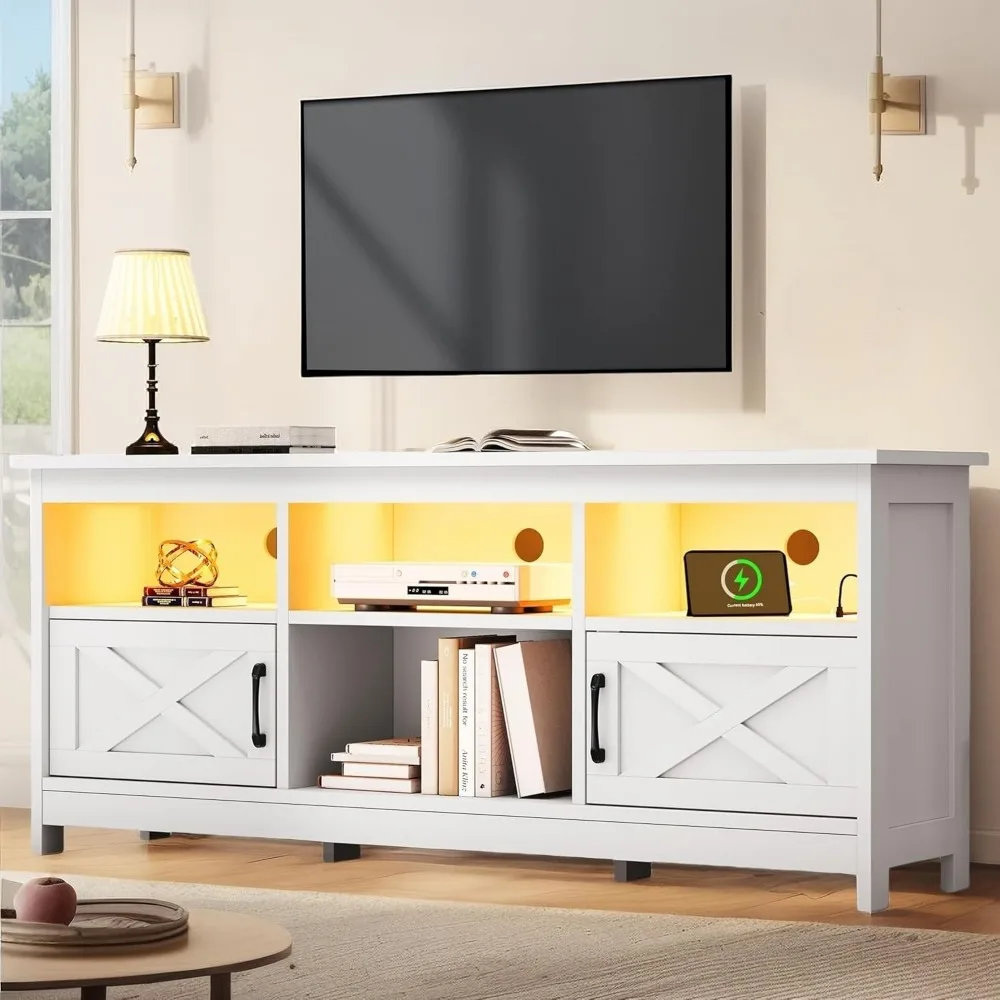 

TV Stand for TVs, Entertainment Center with Storage Cabinets, Power Outlet & LED Light, Media Console Living Room Furniture