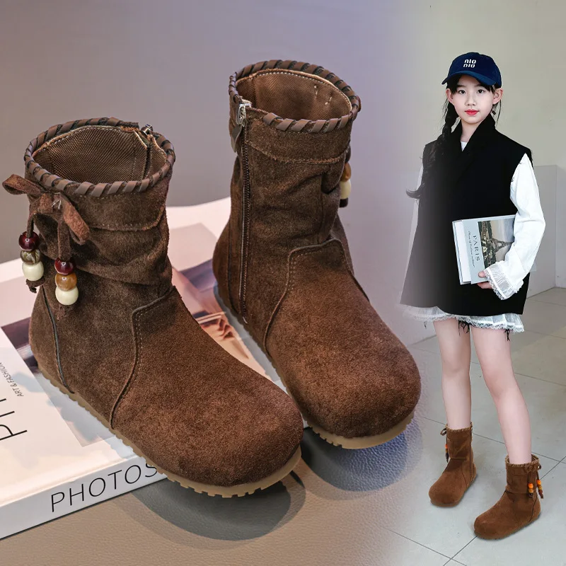 Botas 2025 Autumn New Kids Ethnic Style Cowboy Boots Comfort Anti Slip Girls' Mid Top Leather Boots Anti Slip Child Ankle Boot