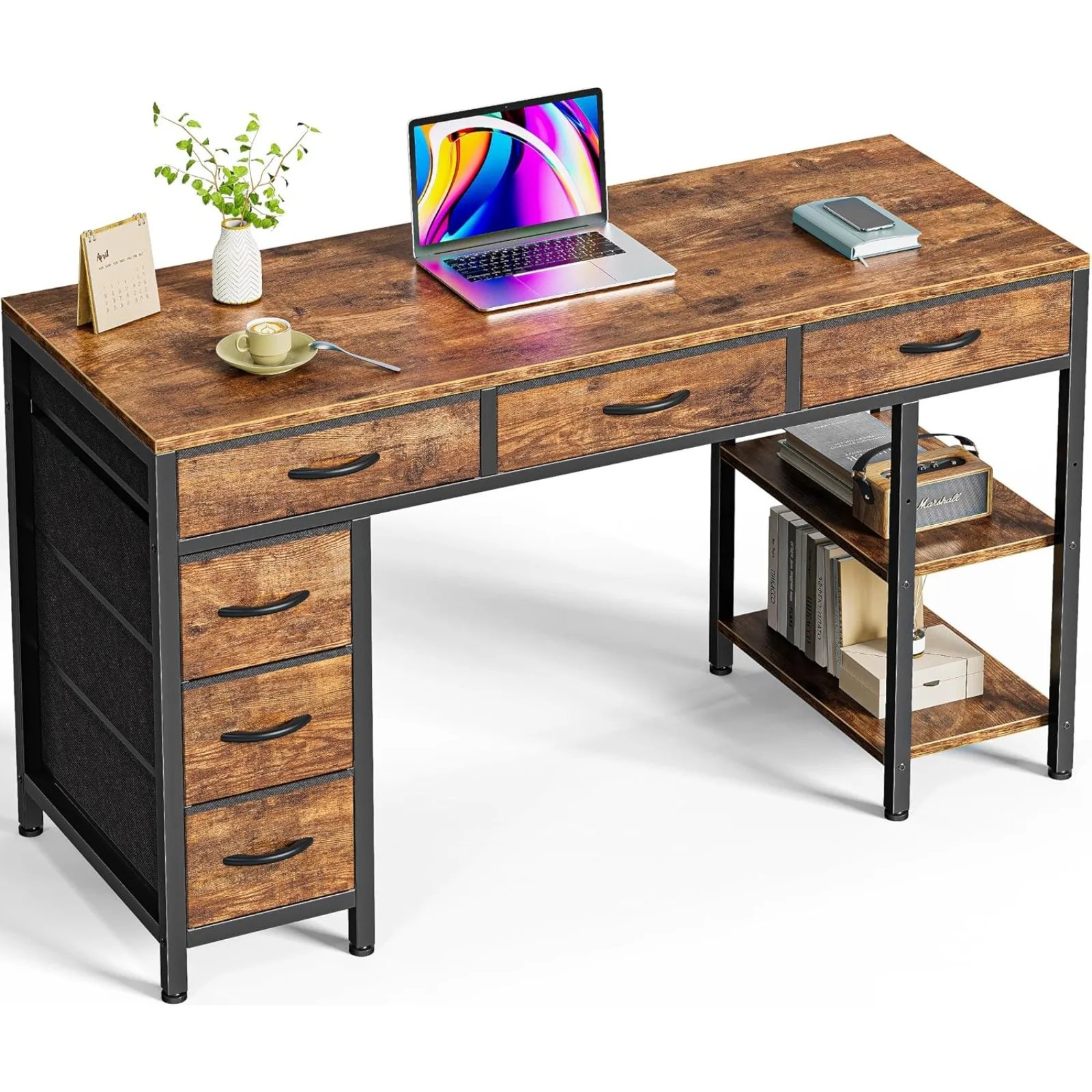 

US Computer Desk with 6 Drawers, 47 Inch Office with Shelves, Reversible Gaming , Corner with Storage, Work