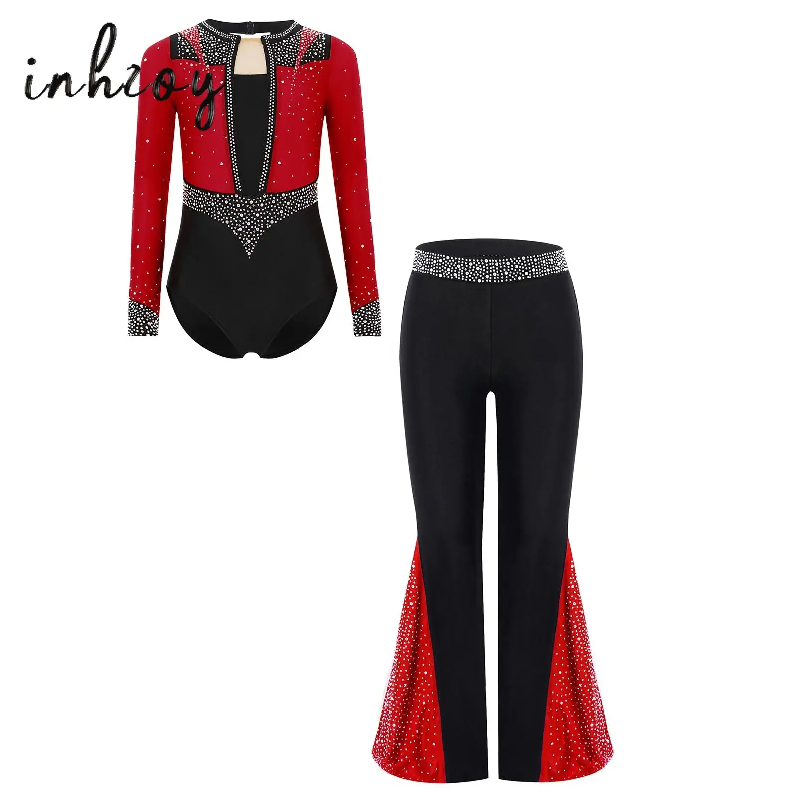 

Girls Gymnastics Figure Skating Costume Jazz Dance Outfit Long Sleeve Shiny Rhinestones Leotard Bodysuit+Bell-Bottomed Pants