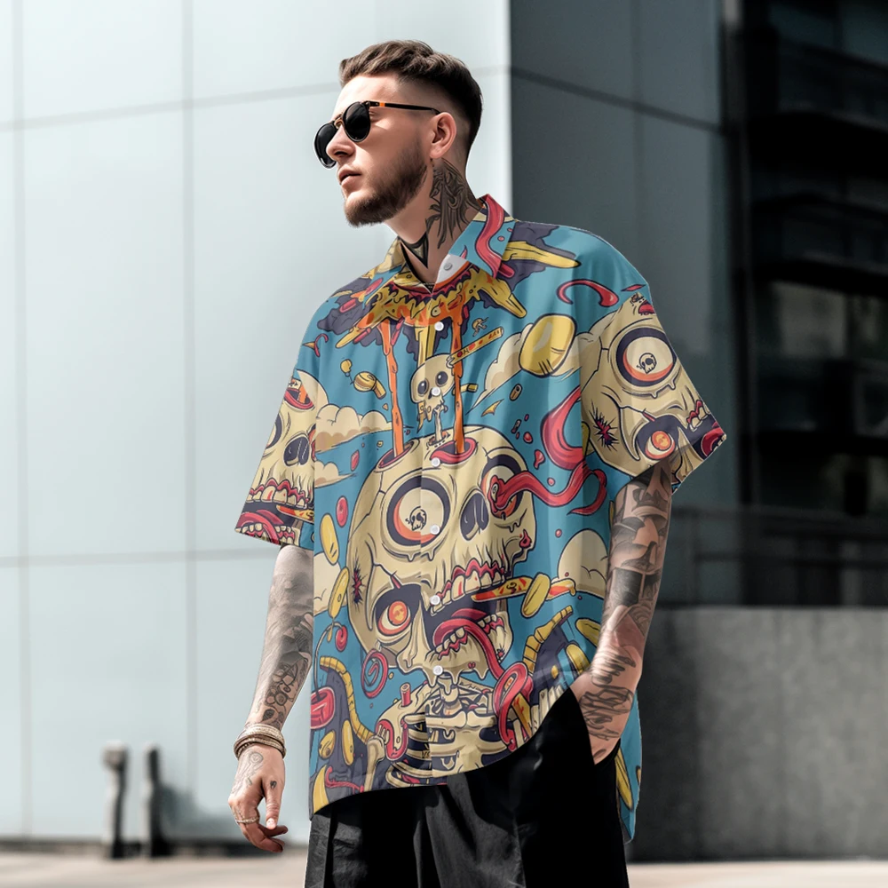 

Summer casual oversized short sleeved shirt with skull print, loose fit, comfortable Hawaiian beach trend, single breasted