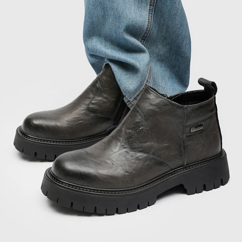 

Men High Top Boots PU Thick Soled Round Toe Professional Bare Boots Classic Business Men Boots