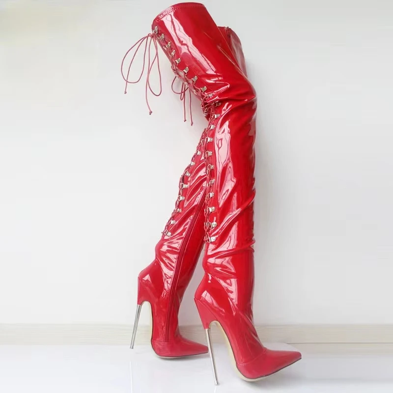 FHC 18cm High Heels Women Thigh Boots,Fetish Stage SHow Pole Dance Shoes,Men Cosplay Botas,Over The Knee,Red,Customized Colors