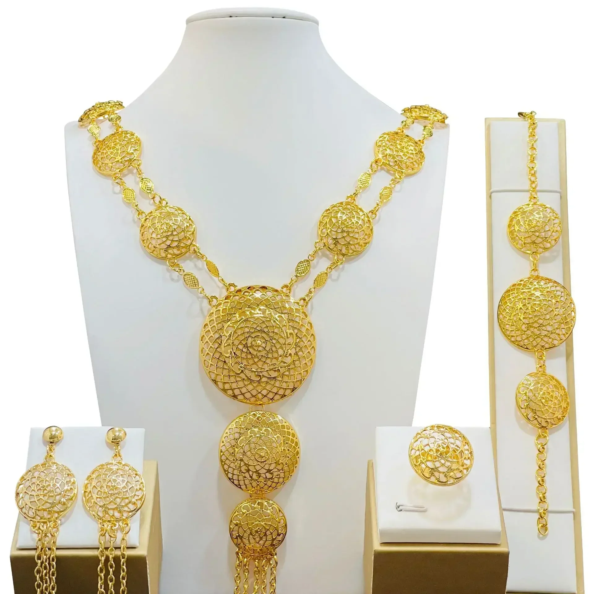 Nigeria Indian Bridal Jewelry Sets For Women Wedding Ethiopian 24K Gold Plated Necklace And Earing Moroccan Jewellery Dubai Gift