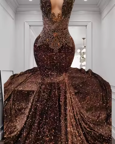 Vintage Brown Sequin Beaded Mermaid Prom Gown 2026 Beading Diamonds Formal Evening Pageant Dress Customized