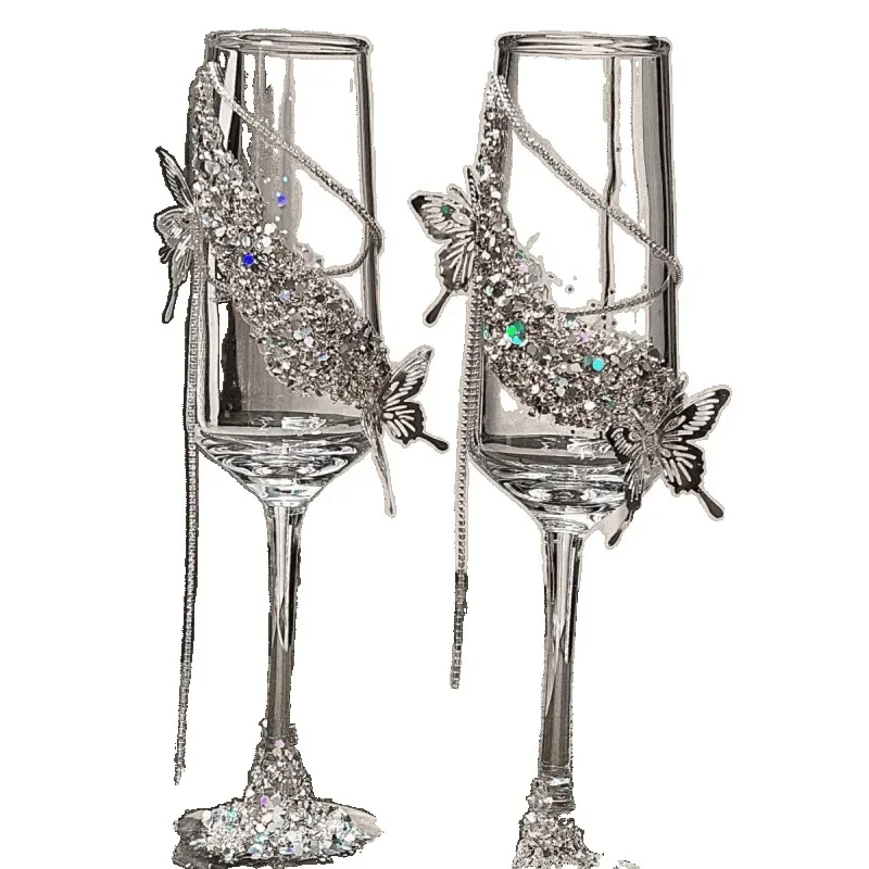 Wedding toast glass high value diamond goblet wedding gift cocktail champagne glass high sense wine glass butterfly