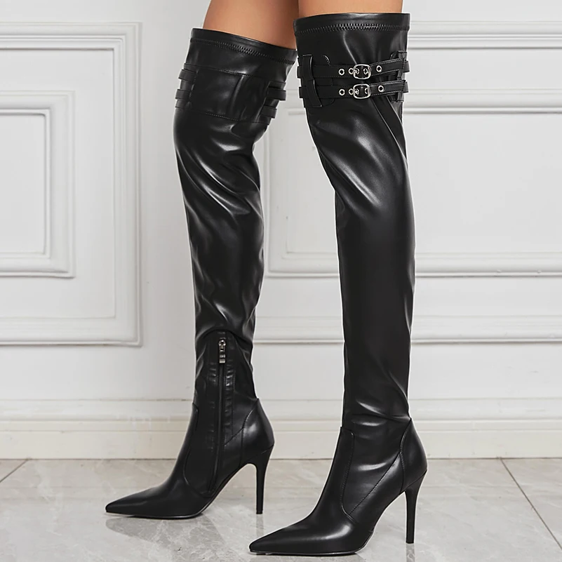 Plus Size Thigh High Boots Slip On Pointed Stiletto Heel PU Leather Over Knee Boots Fixed Buckles Calf Side Zipper Anti-slip Sha